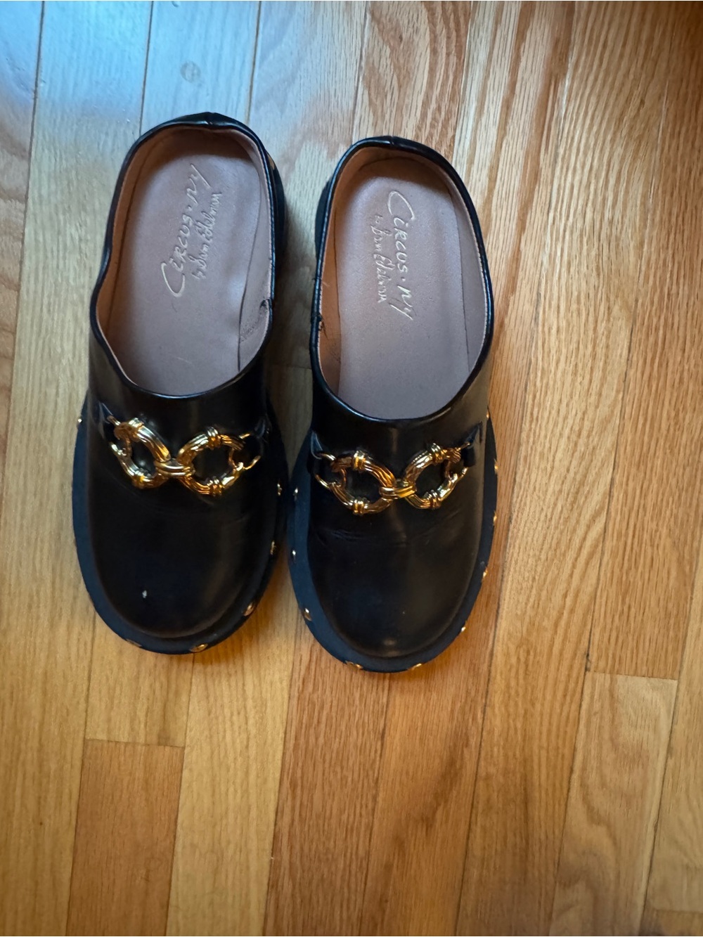 Circus by Sam Edelman Black Leather Mules with Gold Chain Accent